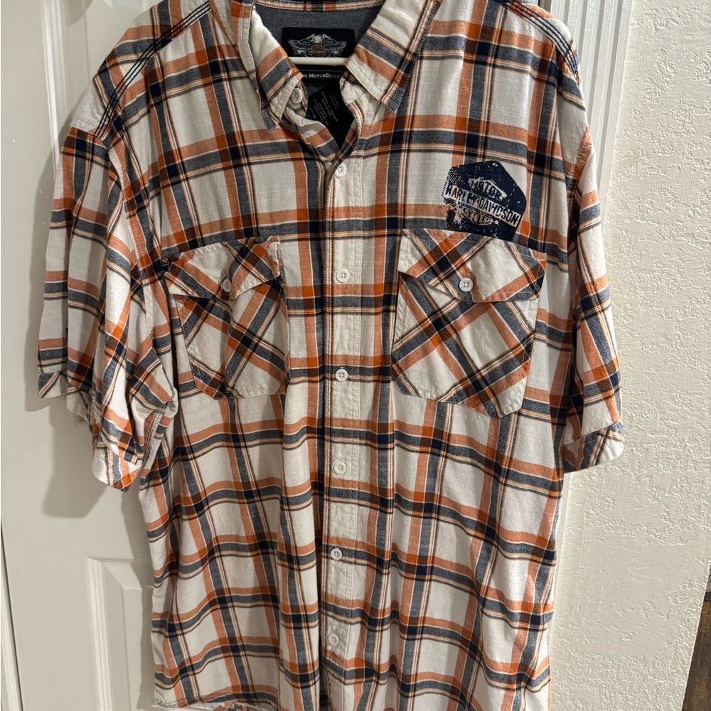 Harley-Davidson Orange and White Casual Button Down Shirt
